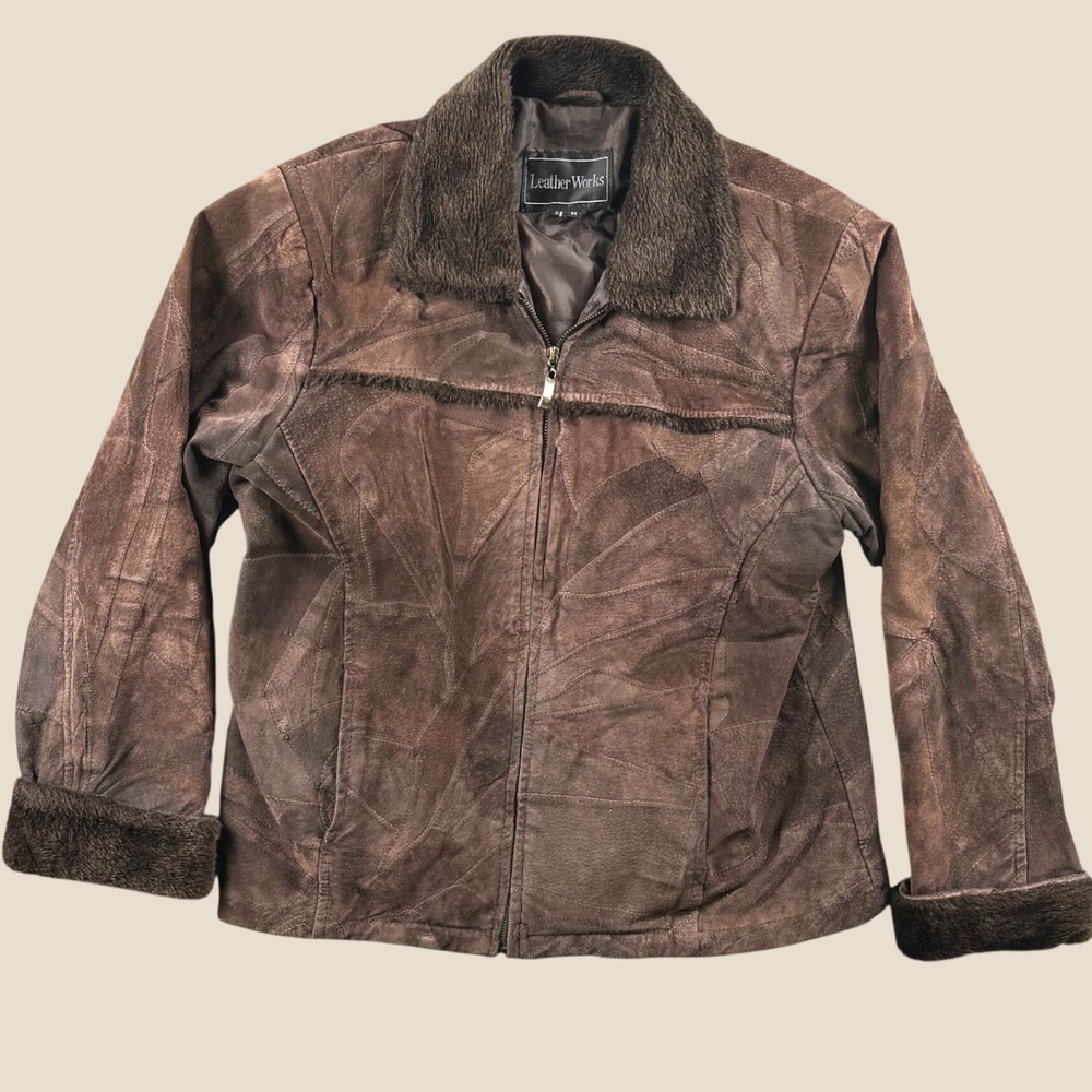 Vintage Leather Works Jacket Women M Brown Patchwork Suede Faux Fur Trim Hippie